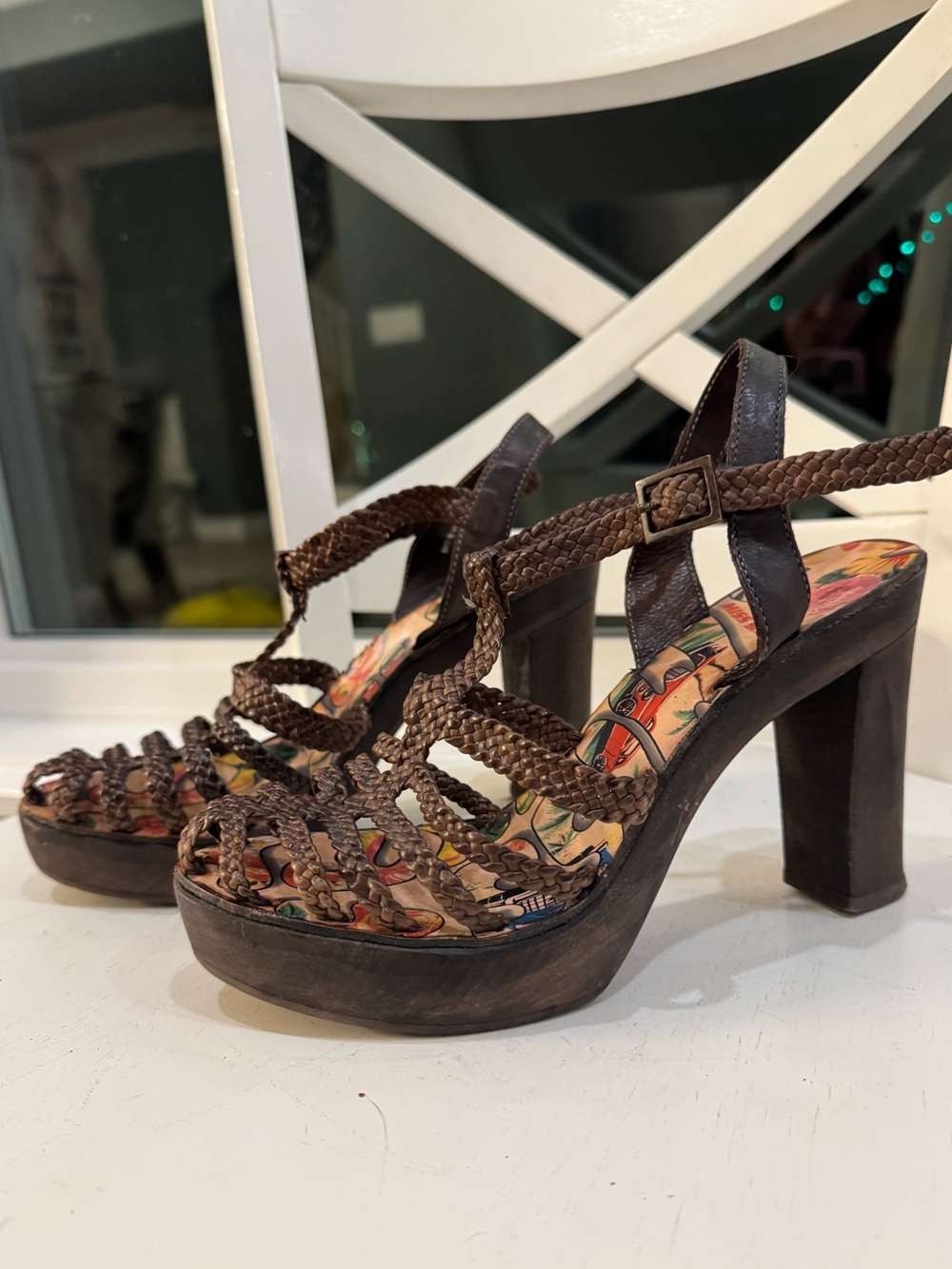Vintage Miss Sixty Braided Leather Wooden Platform Sandals Graphic Insoles 36